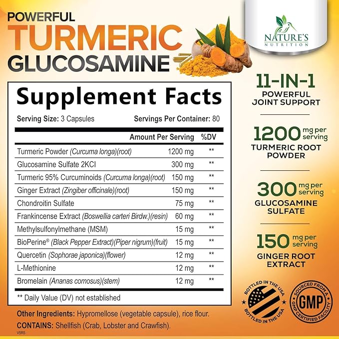 Turmeric Curcumin Supplement - 95% Curcuminoids with Glucosamine Ginger &amp MSM BioPerine Black Pepper Extract for Best Absorption Natural Vegan Joint Support Non-GMO Bottled in USA - 240 Capsu