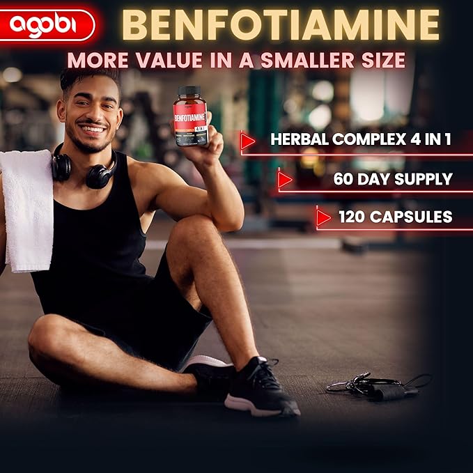 agobi 4in1 Benfotiamine Supplement - 2 Months for Digestion Energy Production &amp Immune - Plus Turmeric Curcumin Root Ashwagandha Root &amp Organic Gymnema Sylvestre - 120 Capsules