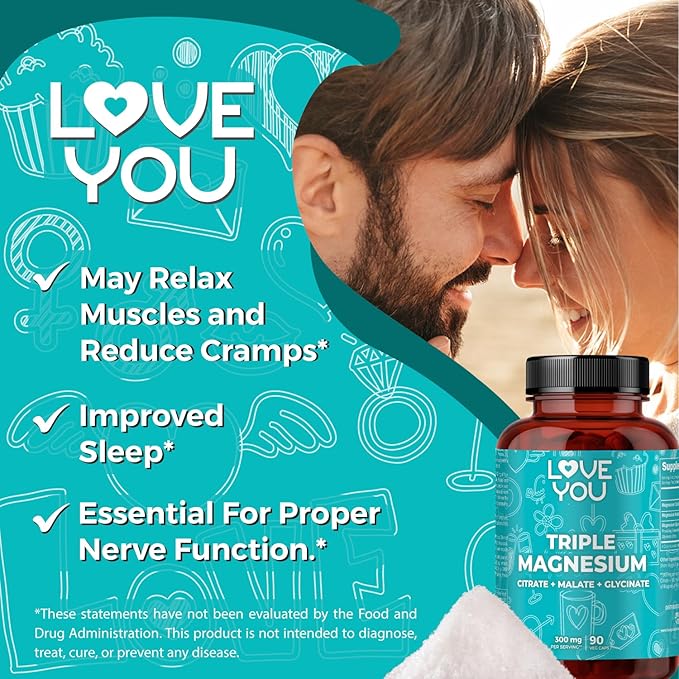 Love You Triple Magnesium Complex – 300mg per Serving Premium Magnesium Glycinate Citrate &amp Malate – High Absorption for Muscle Nerve &amp Sleep Support 90 Veggie Capsules