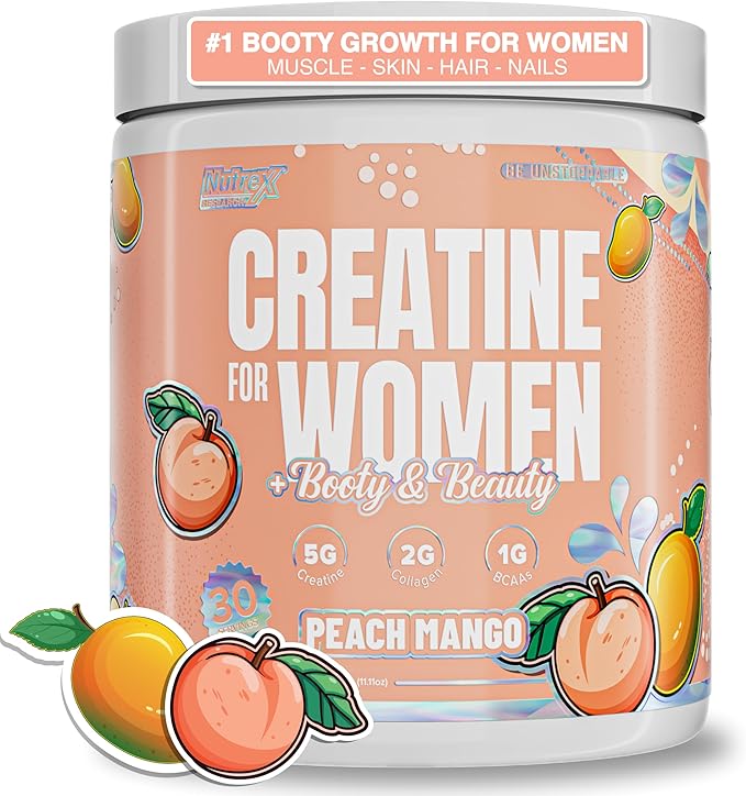Nutrex Research Creatine for Women Booty &amp Beauty – Peach Manago | 5g Creatine 2g Collagen BCAAs &amp Hyaluronic Acid for Glutes Strength &amp Skin | Gluten Free 30 Servings