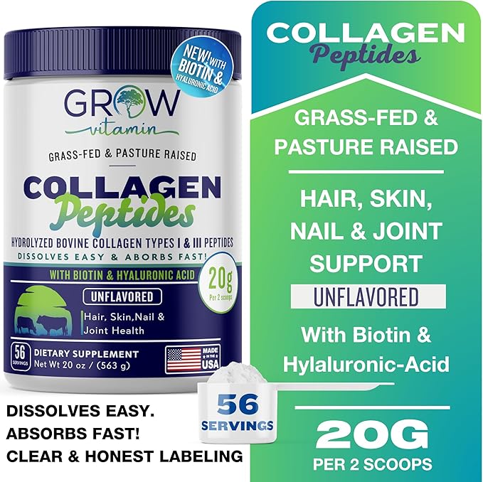 Collagen Peptides Powder 20g with Hyaluronic Acid &amp Biotin - Unflavored Grass Fed Collagen Powder with Hydrolyzed Type I &amp III Collagen Supplements - Hair Nail Skin &amp Joint Support - 56