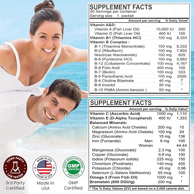 Perer's Choice Natural Daily Multivitamin &amp Mineral Pack – 2 Packs of 30 Daily Packets High Potency for Digestion Adaptive Immunity Calcium Iron Magnesium Zinc Non-GMO Blood-Sugar-Friendly