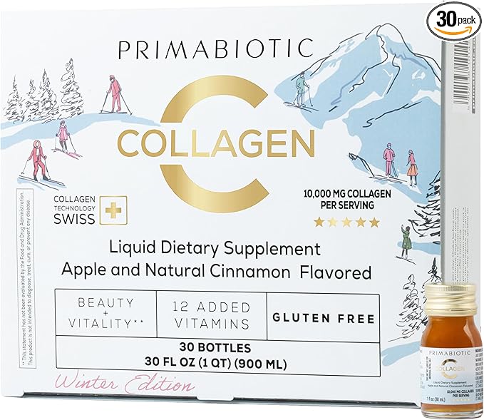PRIMABIOTIC Liquid Collagen Winter Edition - High Collagen Content [10000 Mg] Per Serving - Hydrolyzed Collagen and 12 Vitamins - Gluten Free- 450 Ml - Pack of 30 Bottles x 30 Ml