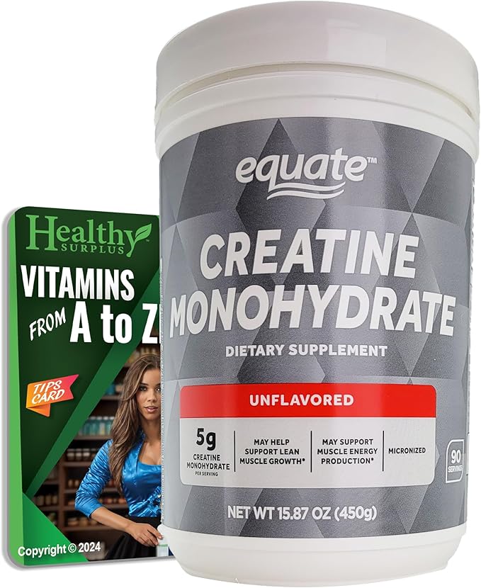 Vital Volumes Tips Card and Equate Creatine Monohydrate - 15.87 Oz (450g) - 5g Per Serving - 90 Servings