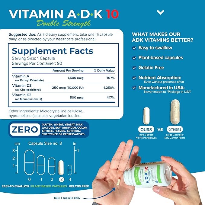 Power By Naturals ADK Vitamin Supplement – ADK 10 High Potency with Vitamins A D3 10000 IU &amp K2 MK7 for Superior Heart Immune &amp Bone Health Support – 90 Capsules 1 Pack (3-Month Supply)