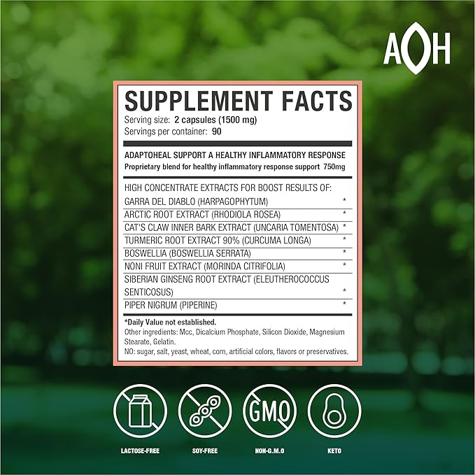 ADAPTOHEAL Inflammoff - Adaptogenic Supplement Designed to Support Joint Muscle and Tissue Inflammation Naturally 8 Highly Concentrated extracts with Turmeric and Rhodiola rosea (180 Capsules)