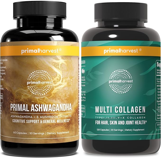 Primal Harvest Daily Two-Step Routine | Ashwagandha + Multi Collagen | 2 Pack | 30 Day Supply