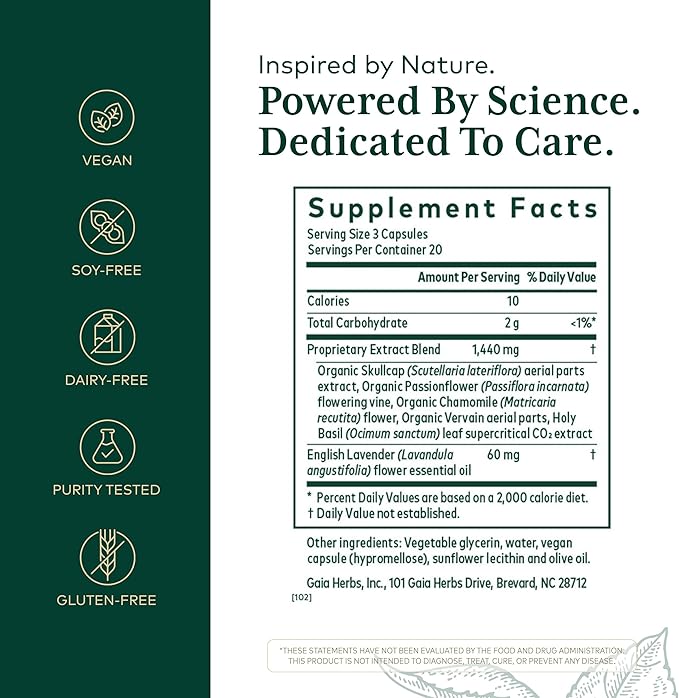 GAIA HERBS PRO Calm Restore - Nervous System Support Supplement* - Calm Support Supplement* with Skullcap Chamomile Holy Basil &amp Lavender - 60 Liquid Phyto-Caps (20 Servings)