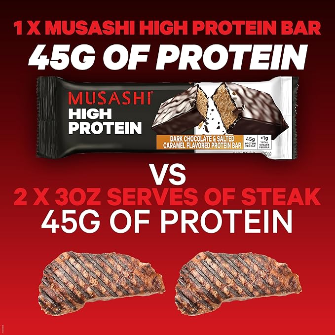 MUSASHI High Protein Bar 45g Protein &lt1g Total Sugars Dark Chocolate &amp Salted Caramel Post Workout and Protein Snack On The Go 12 Pack of 3.2oz (90g) Bars