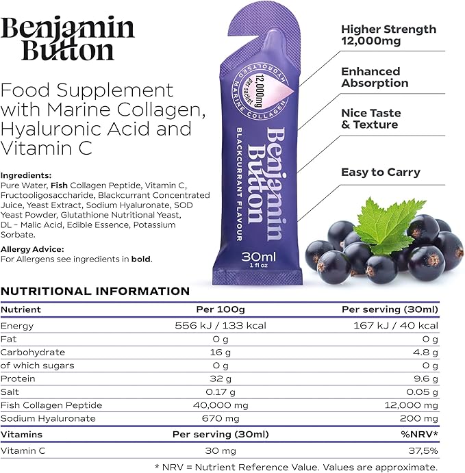 12000mg Marine Collagen Liquid Shots| Hydrolyzed Marine Collagen Peptides w/Hyaluronic Acid &amp Vitamin C for Skin Hair &amp Joints | Berry Black Currant Flavor 14 Servings 30ml