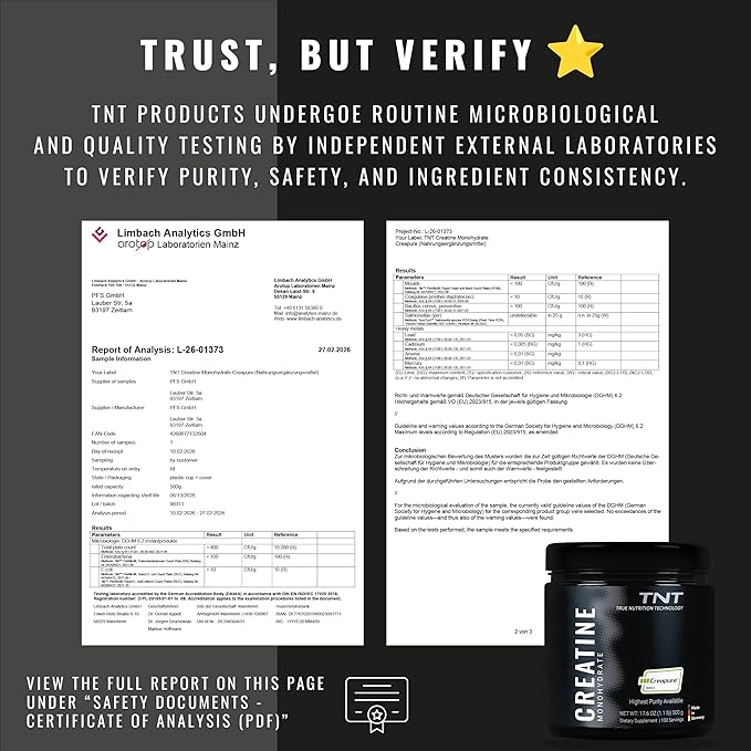TNT Creapure® Creatine Monohydrate Powder (100 Servings) • Made in Germany • 5g per Serving • Supports Strength Endurance &amp Cognitive Energy* • Micronized Vegan 99.99% Pure