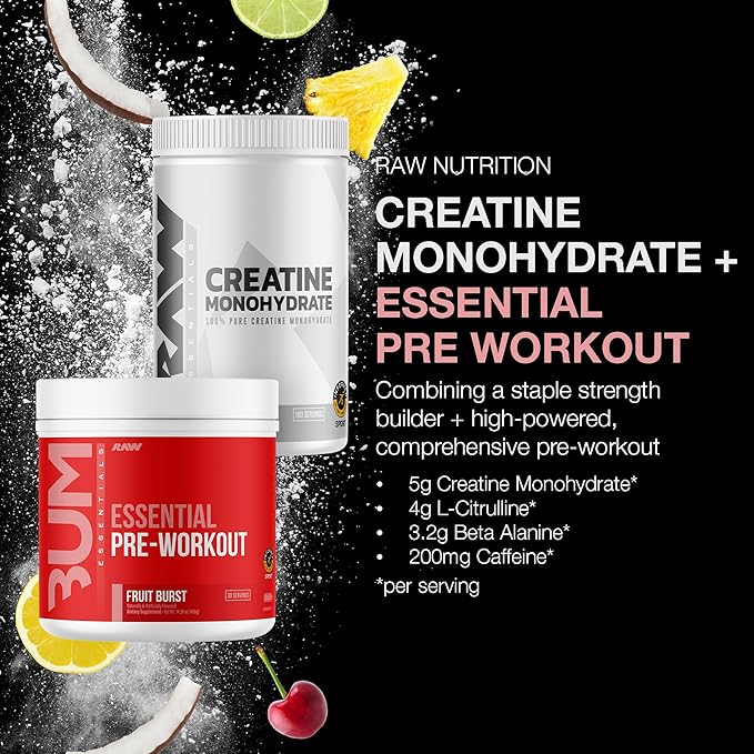 RAW Nutrition Creatine Monohydrate &amp Fruit Burst Pre-Workout Powder Bundle