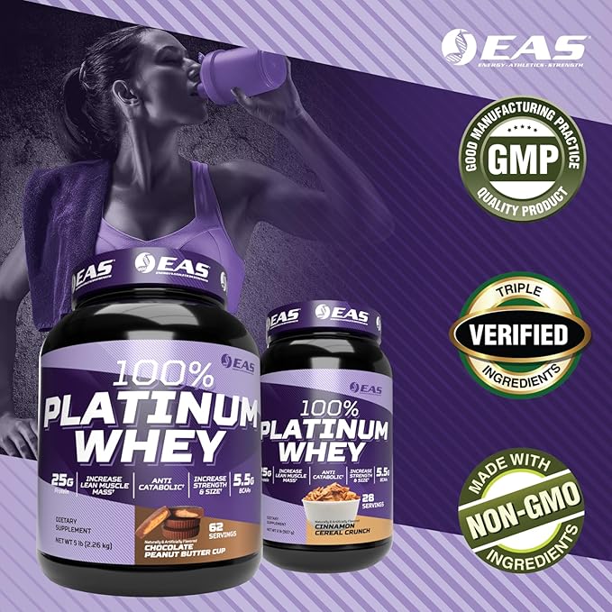 EAS 100% Platinum | 3 Ultra-Platinum Whey Proteins | Increase Size &amp Strength | 25g Protein 5.5g BCAAs | 2 Pound (Chocolate Peanut Butter Cup)