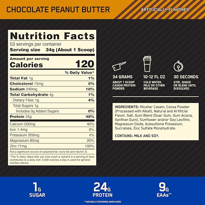 Optimum Nutrition Casein Powder Chocolate Peanut Butter 4 Pound