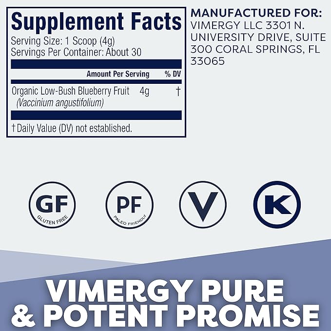 Vimergy Wild Blueberry Powder –Protects Brain Health* - Supports Cardiovascular Function* – Organic Vegan &amp Gluten-Free – 120g