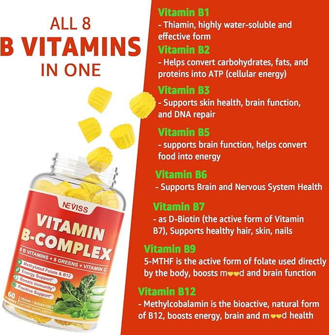 NEVISS Vitamin B Complex with B1 B2 B3 B5 B6 B7 B9 B12 C Zinc &amp Organic Greens Blend - Methylated B Complex Gummies Supplements for Energy Immune Support and Focus -Sugar Free 2-Pack