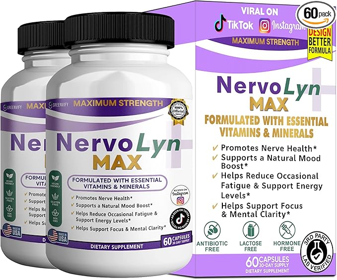 NervoLyn Max Maximum Strength Nerve Support Supplement 60 Capsules with Vitamin B Complex Vegan Gluten Free Non-GMO 30 Day Supply (2)