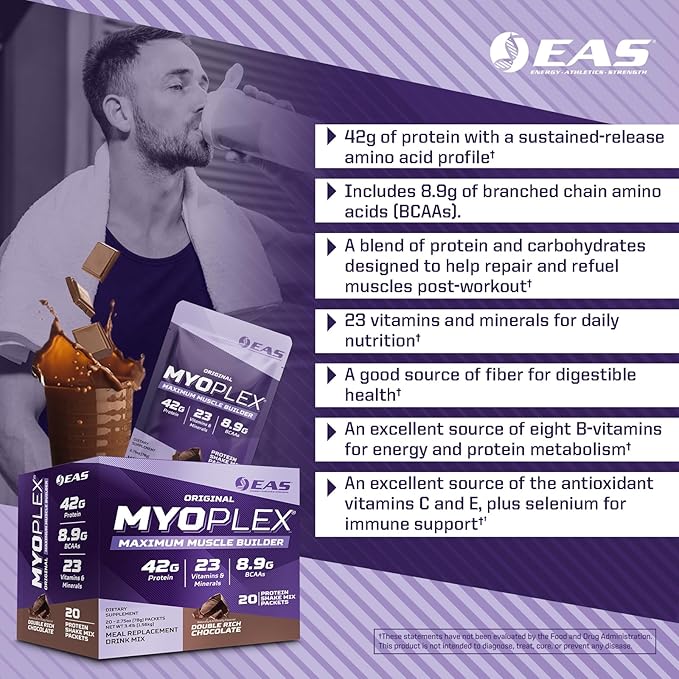 EAS Original Myoplex Maximum Muscle Builder | Meal Replacement Protein Drink Mix | Quality Protein Blend | 42g Protein | 20 Individual Packets (Strawberry Milkshake)