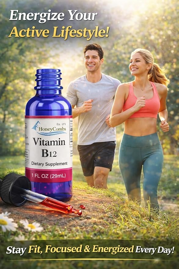 HoneyCombs Vitamin B12 Liquid Drops – B12 Vitamin Supplement for Energy Metabolism Brain Focus &amp Nerve Support – B12 Liquid Drops for Adults and Children Vitamina B12 Sublingual Made in the USA