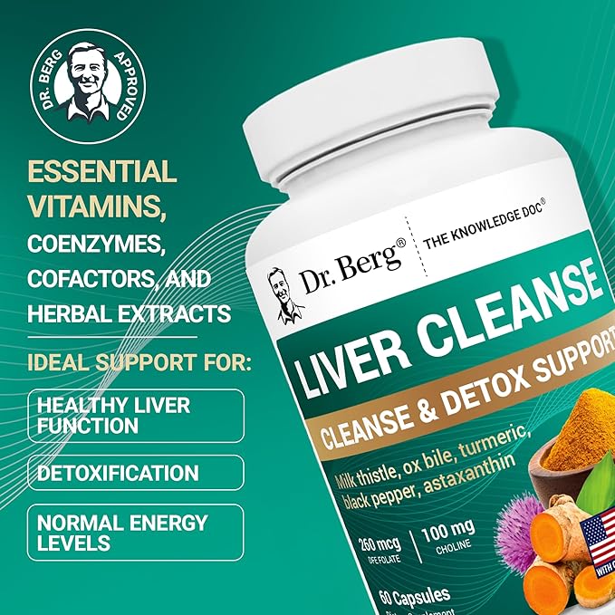 Dr. Berg Liver Cleanse Detox Capsules w/Unique Blend of Milk Thistle Ox Bile &amp Folate - Liver Supplement Includes Turmeric Black Pepper &amp Choline - 60 Capsules