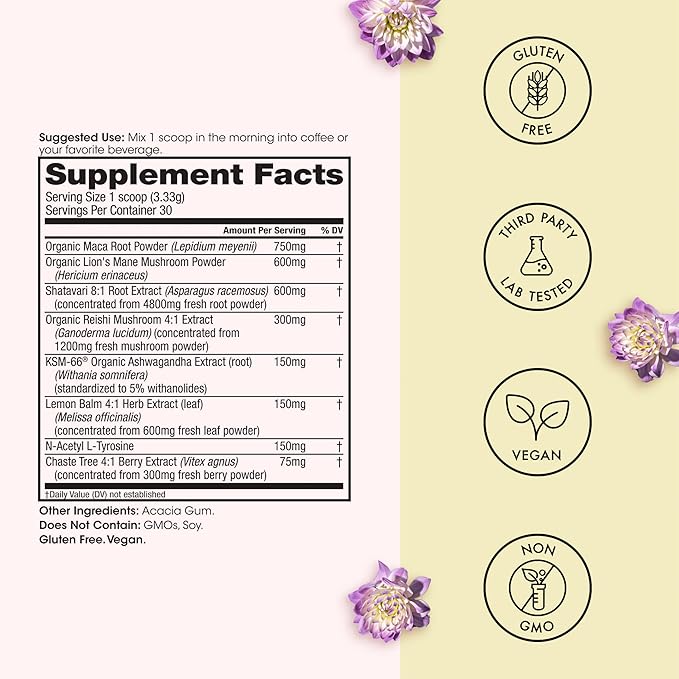 Winged Wellness Happy Start Mood Boosting Drink Mix Powder for Women - Happy Mind &amp Hormonal Health Mood Support Supplement with Red Maca Ashwagandha Mushrooms &amp Shatavari