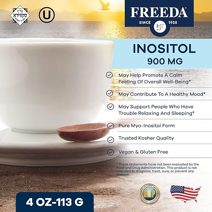 FREEDA Pure Myo-Inositol Powder – Vitamin B8 for Hormone Mood &amp Cellular Health – Supports Fertility Focus Energy &amp Nervous System Function – Kosher Vegan Non-GMO Gluten-Free (4 oz)