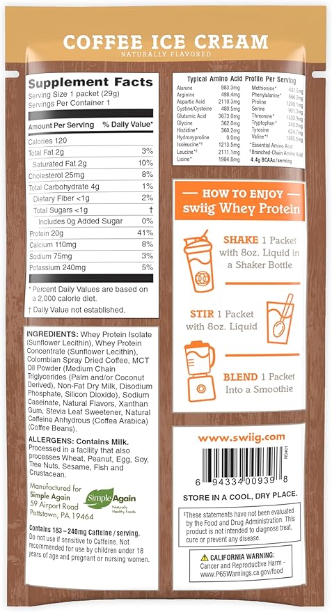 swiig Single Serve Whey Coffee Ice Cream 10pk – Premium Daily Whey Protein 20g Gluten Free GMO Free No Fillers No Artificial Flavors