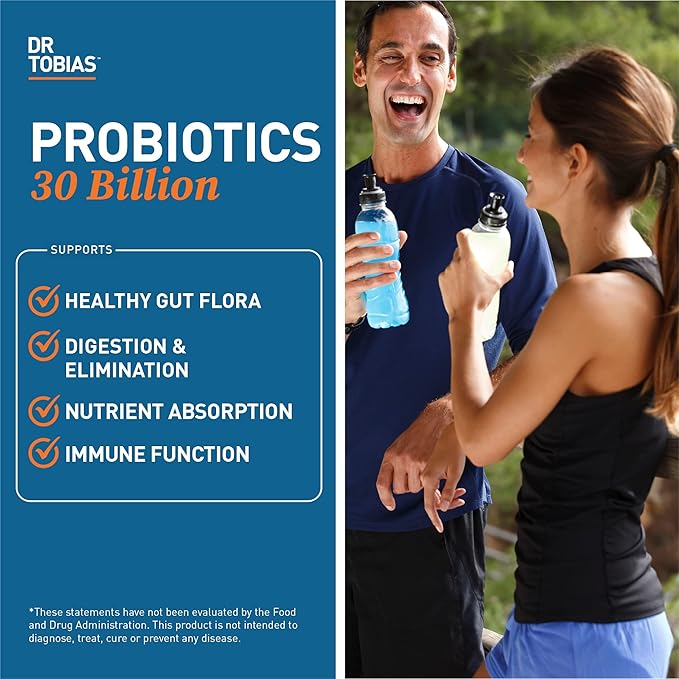 Dr. Tobias Probiotics 30 Billion 10 Strains 30 Billion CFU's Targeted Release Probiotics for Women &amp Men Supports Digestive Health Shelf-Stable Non-GMO 60 Capsules 60 Servings