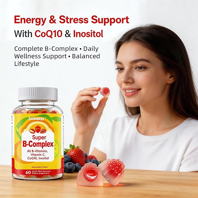 Liquid-Filled B Complex Gummies for Daily Routine Juicy Berry Flavor Complete B Vitamins with Vitamin C CoQ10 &amp Inositol Easy to Enjoy 60 Gummies x 2 (120 Total)