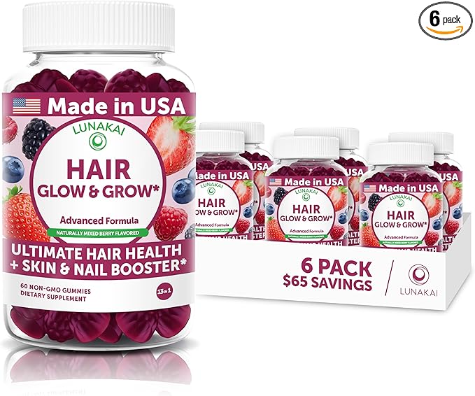 Lunakai USA Made Super Hair Gummies with Biotin Zinc Horsetail Extract &amp Saw Palmetto - Hair Growth Vitamins for Women &amp Men – Supports Thicker Longer Stronger Tresses Skin &amp Nails -