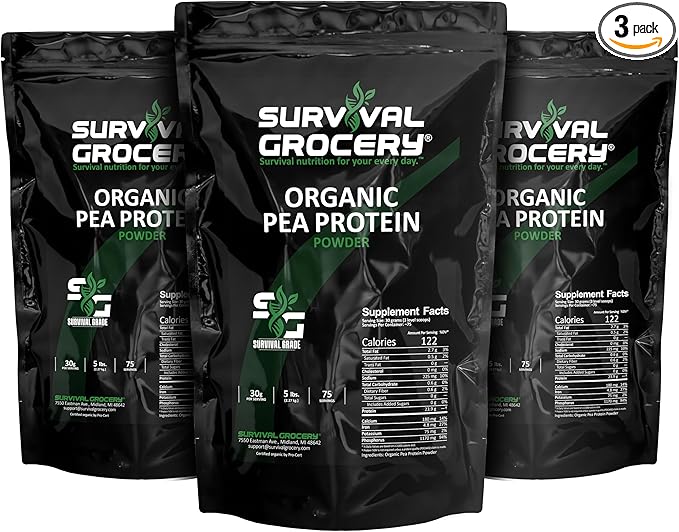 Survival Grocery® Organic Pea Protein - Organic Non-GMO North American Grown &amp Produced Gluten Free Vegan Survival Grade Protective Bulk Bags with Long Shelf Life (15 lbs./3 Bags)