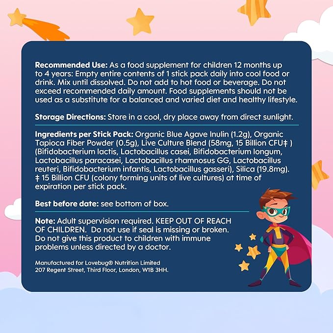 Lovebug Kids Probiotic Powder with Prebiotic Fiber - Toddler Immunity Support &amp Constipation Relief - USDA Organic Probiotics for Childrens Gut &amp Digestive Health (Ages 1-4) - 30 Pack (Unflavo