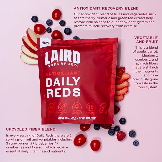 Laird Superfood Antioxident Daily Reds Powder Free Radical Fighting Blend Vitamin C Manganese 2 Servings of Fruits and Vegetables Per Serving 30 Pack