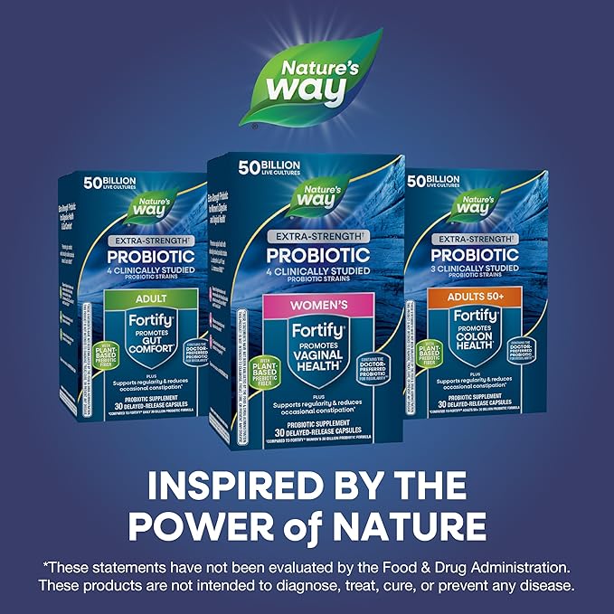 Nature's Way Women's Extra Strength(1) Fortify Probiotic 50B Cultures Supports Digestive Vaginal &amp Immune Health* Plant-Based Prebiotic Fiber Non-GMO Project Verified 30 Capsules