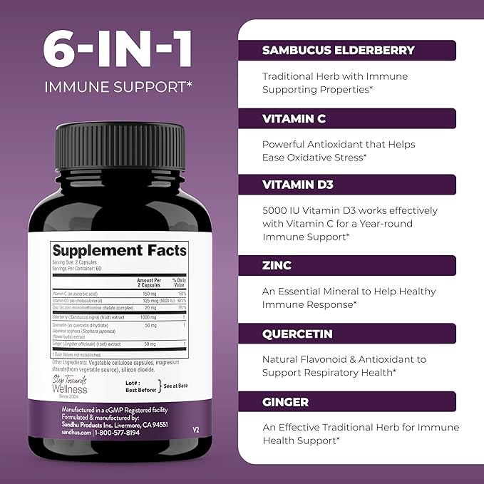 Sandhu's Vitamin D3 K2 with Quercetin Bundle with Elderberry Capsules | Supports Immune Muscle Teeth Health &amp Energy