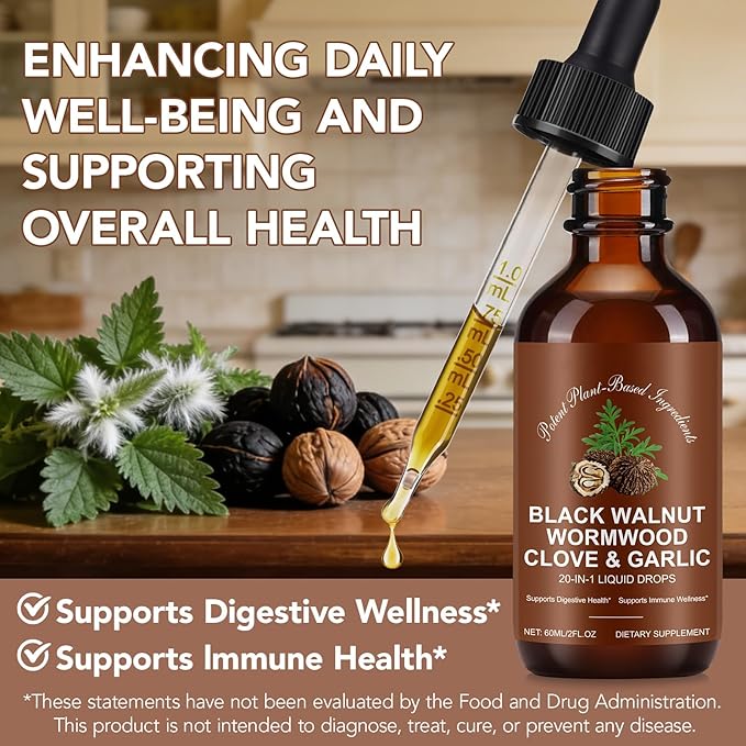 Tiuedu Black Walnut &amp Wormwood Herbal Liquid Drops 20-in-1 Plant-Based Herbal Wellness Formula with Clove Garlic Pumpkin Seed &amp Milk Thistle Fast-Absorbing Liquid 2Pack