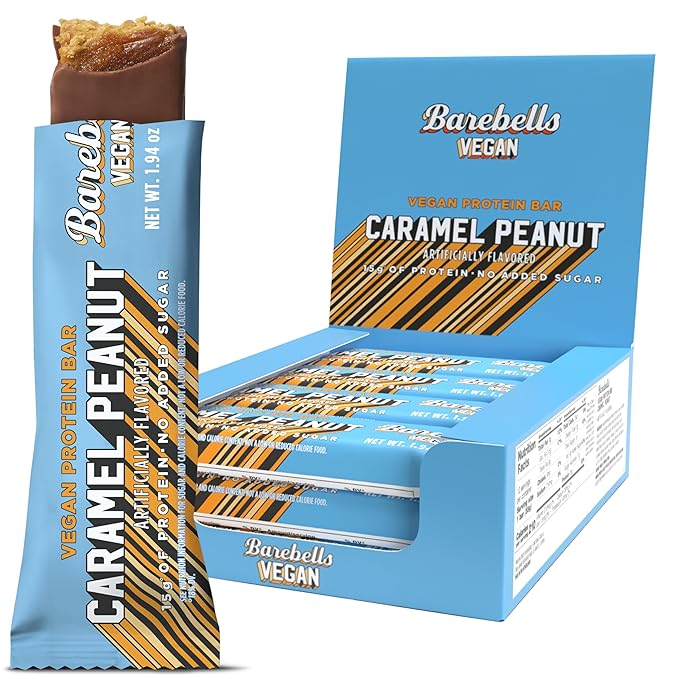 Barebells Vegan Protein Bars Peanut Caramel Plant Based with High Protein - Chocolate Protein Bars - Perfect on The Go Protein Snack &amp Breakfast Bars 12 Count (Pack of 1)