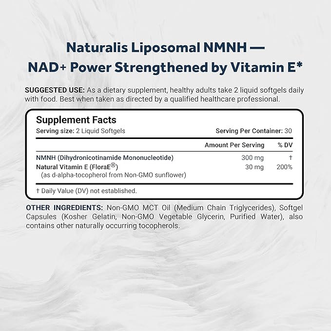 Naturalis Liposomal NMNH 300mg (NMN Alternative) | Boost NAD+ Levels &amp Support Healthy Aging* | Bioenhanced with Vitamin E for Advanced Absorption Stability &amp Antioxidant Protection* | 60 Sof