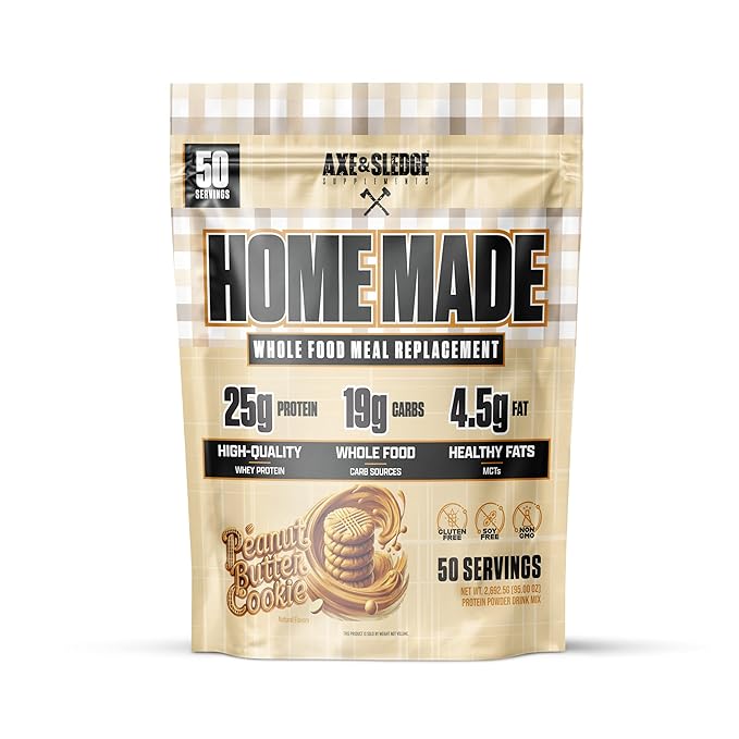 Axe &amp Sledge Home Made Whole-Foods-Based Meal Replacement Powder | 48g Protein | Digestive Enzymes &amp Fiber Non-GMO | Premium Ingredients | Protein Powder for Bulking | 25 Servings PB Cookie
