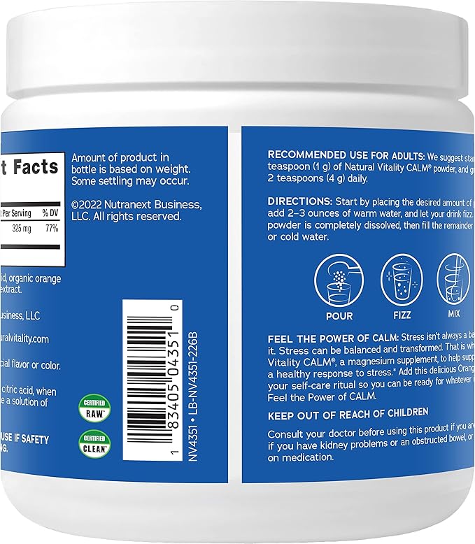 Natural Vitality Calm Magnesium Supplement Anti-Stress Drink Mix Powder Gluten Free Vegan &amp Non-GMO Orange 8 oz