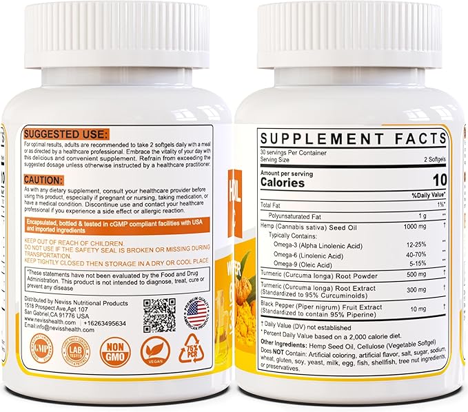 2 Pack Hēmp Oil Capsules with Turmeric - Organic Hēmp Seed Oil Pills with Turmeric Curcumin Black Pepper - Vegan Omega 3 &amp 6 Supplement - Extra Strength &amp Absorption - 120 Softgels