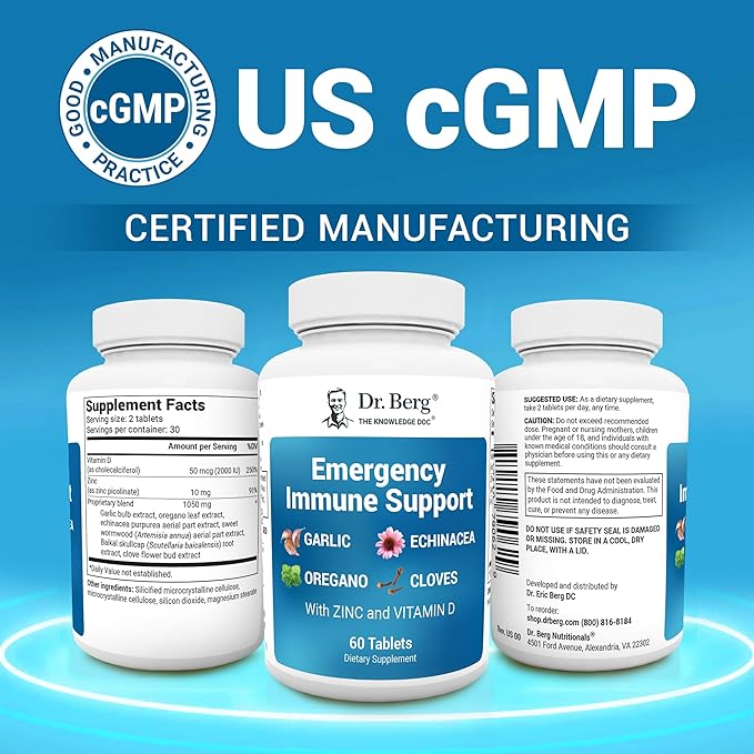 Dr. Berg Emergency Immune Support w/Echinacea - Potent Blend of Herbal Extracts (Warning: Strong Herbal Smells) - Immune Support Supplement Includes 2000 IUs of Vitamin D &amp 10mg of Zinc - 60 Tabl