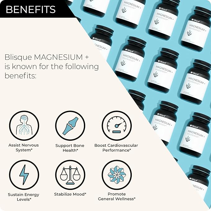 Blisque - Magnesium Support Supplement | for Bone Joint Muscle Heart and Nerve Health | from Organic French Sea Lettuce | Vegan and Non-GMO | 90 Capsules