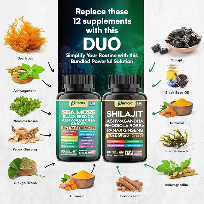Collagen &amp Sea Moss Shilajit Capsules Bundle – 30-Day Supply – Collagen Peptides I II III V X + Biotin Hyaluronic Acid – Sea Moss Shilajit Ashwagandha Rhodiola Ginseng