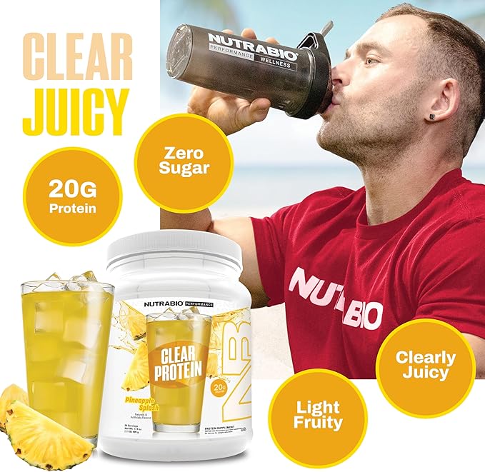 NutraBio Clear Protein Powder Pineapple Splash - 20 Servings 20g Clear Whey Protein Isolate 0 Sugar 0g Lactose Refreshing Fruit Flavors GLP1 Support - Bone Health - Muscle Post Workout Recovery