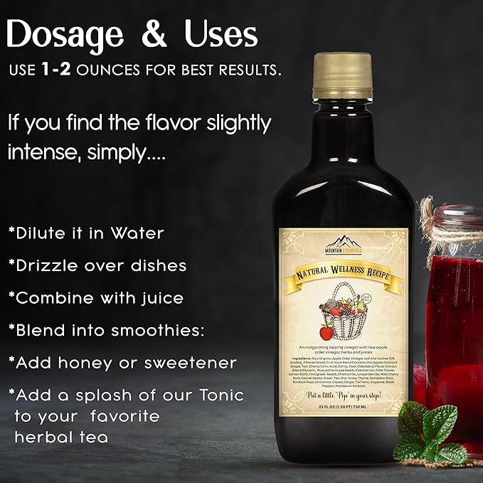 MOUNTAIN ESSENTIALS Apple Cider Vinegar with Fruit Juice Blend Naturally Crafted Beverage Made with Organic Ingredients Ready to Drink 25 fl oz 50 Servings per Container 1 Pack