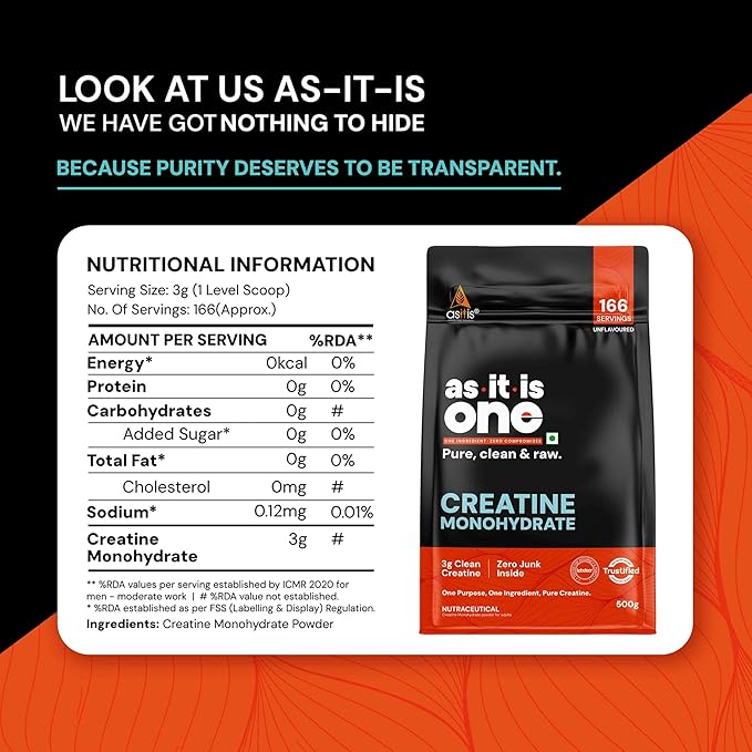 AS-IT-IS Nutrition Creatine Monohydrate 500gms/17.6 Oz | USA Labdoor Certified for Accuracy &amp Purity No Preservatives Gluten-free Vegan Friendly Post-workout Supplement
