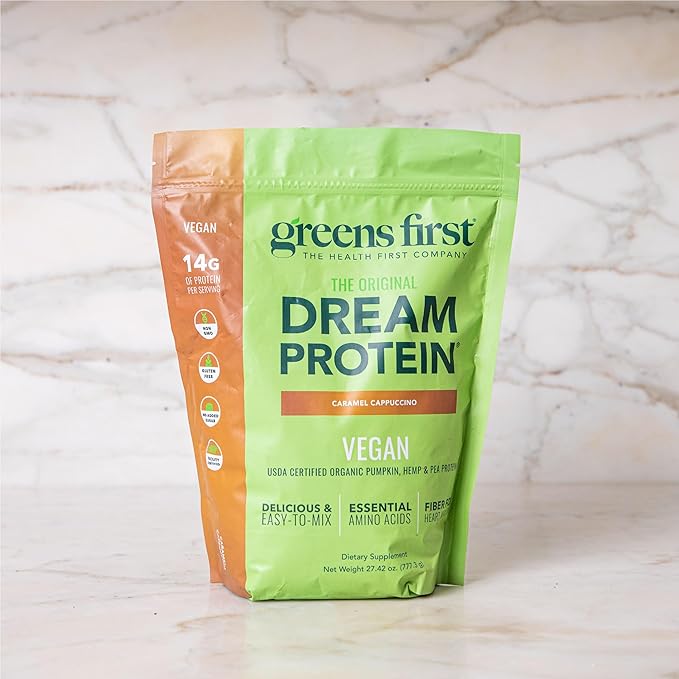 Greens First Dream Protein Plant-Based Vegan Powder - USDA Organic Pumpkin Hemp &amp Pea Protein - Gluten-Free Non-GMO No Added Sugar (Caramel Cappuccino 27.42 oz)