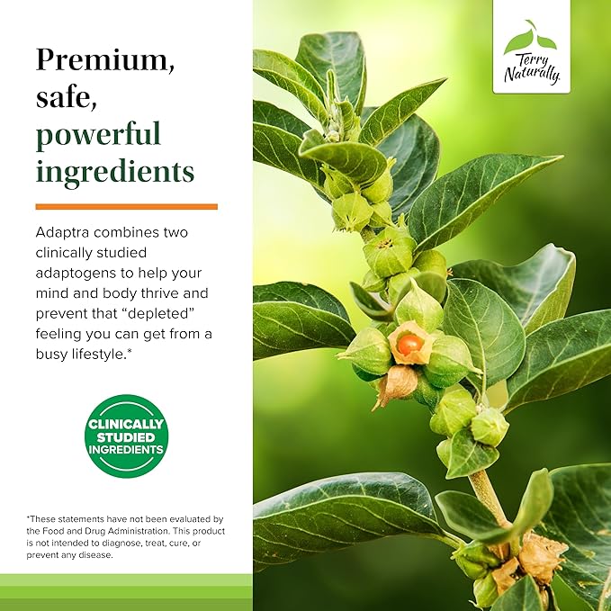 Terry Naturally Adaptra - Supplement to Support Adrenal Health - Ashwagandha Supplement with Rhodiola Rosea Extract - Herbal Supplement to Support Energy &amp Concentration - 60 Capsules