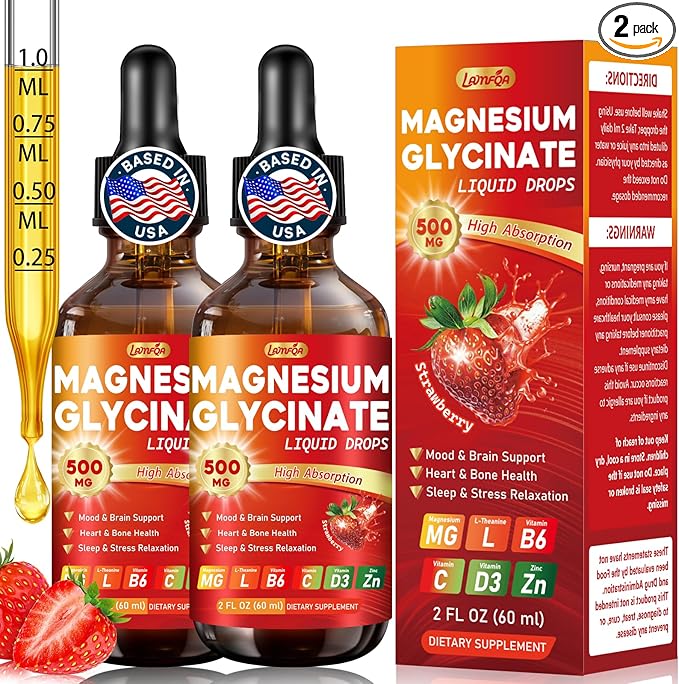 Magnesium Glycinate Liquid Drops Supplement - Vegan GMO Free Gluten Free for Muscle &amp Bone Health Support (Strawberry 60ml) 2 Pack